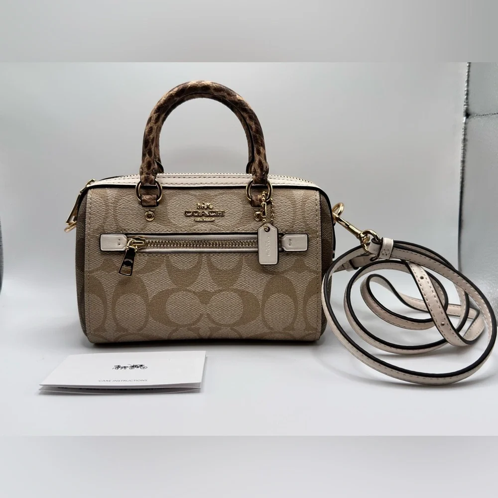 Coach NEW! Mini Rowan Signature Tan and Cream Canvas Crossbody Purse - Picture 1 of 16